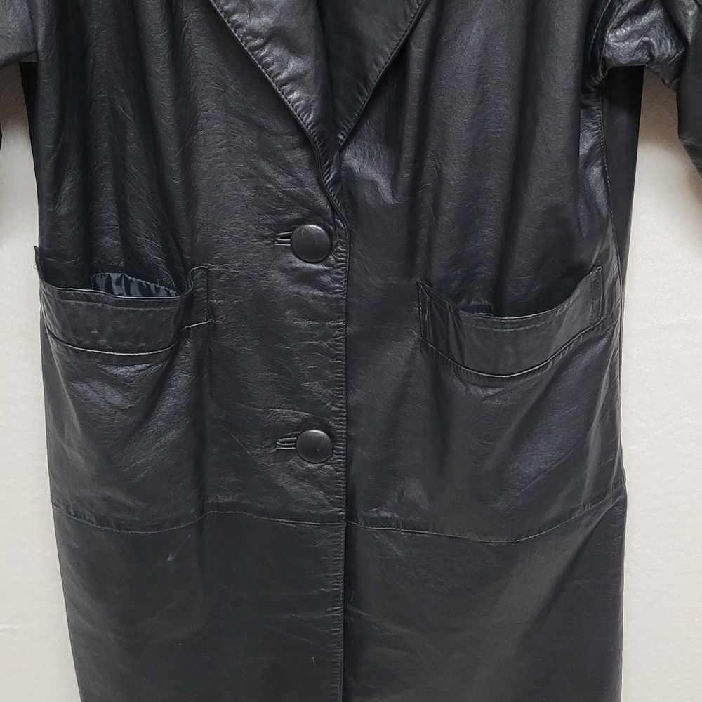 80s Vintage BKE Black Leather Longline Dolman Sleeve Oversized Trench Coat 7/8 - Picture 6 of 14